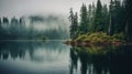 Mystical foggy forest with pine trees under a late autumn sky Royalty Free Stock Photo