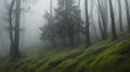 Mystical foggy forest on the slope