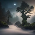 A mystical foggy forest with twisted trees, moss-covered rocks, mist, a full moon, and glowing eyes in the darkness1