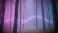 Mystical foggy forest in ultra violet neon lighting with light trails splines. Dark and mysterious scene. 3d render