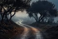Mystical foggy road in the mountains of the island of Sardinia, An early morning elevated shot of a dirt road winding through Royalty Free Stock Photo