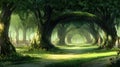 Enchanted Forest Path with Elven Village Royalty Free Stock Photo