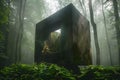 Mystical forest cube structure amidst misty woods