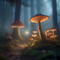 Mystical forest at dawn, glowing mushrooms and mist, enchanting fantasy scene, digital painting1