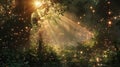 Mystical Forest with Fireflies and Sunbeams Royalty Free Stock Photo