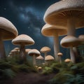 A mystical forest of giant mushrooms under a starry sky1