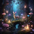 mystical forest with glowing flora and whimsical creatures.