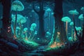 Mystical forest with glowing giant mushroom. Generative AI.