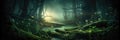 A Mystical Forest With Glowing Plants Panoramic Background (). Generative AI