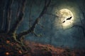 mystical forest on Halloween night, bats on the background of a big full moon in the dark sky, a glade with moss, roots, Royalty Free Stock Photo