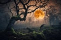 mystical forest on Halloween night, bats on the background of a big full moon in the dark sky, a glade with moss, roots, Royalty Free Stock Photo