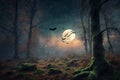 mystical forest on Halloween night, bats on the background of a big full moon in the dark sky, a glade with moss, roots, Royalty Free Stock Photo