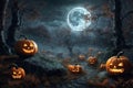 mystical forest on Halloween night, bats on the background of a big full moon in the dark sky, a glade with moss, roots, Royalty Free Stock Photo