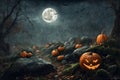 mystical forest on Halloween night, bats on the background of a big full moon in the dark sky, a glade with moss, roots, Royalty Free Stock Photo