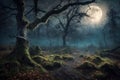 mystical forest on Halloween night, bats on the background of a big full moon in the dark sky, a glade with moss, roots, Royalty Free Stock Photo