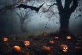 mystical forest on Halloween night, big full moon in the dark sky, a glade with moss, roots, atmospheric and fairytale Royalty Free Stock Photo