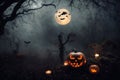 mystical forest on Halloween night, big full moon in the dark sky, a glade with moss, roots, atmospheric and fairytale Royalty Free Stock Photo