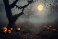 mystical forest on Halloween night, big full moon in the dark sky, a glade with moss, roots, atmospheric and fairytale Royalty Free Stock Photo