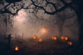 mystical forest on Halloween night, big full moon in the dark sky, a glade with moss, roots, atmospheric and fairytale Royalty Free Stock Photo