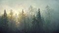 Mystical forest landscape in autumn morning fog. Scenery in dreamy foggy forest. Digital art. Royalty Free Stock Photo