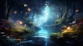 Mystical forest landscape with glowing flora, serene water, and floating orbs under a starry sky Royalty Free Stock Photo