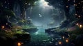 Mystical forest landscape with glowing flora, serene water, and floating orbs under a starry sky Royalty Free Stock Photo