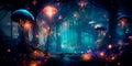 mystical forest with luminescent trees and floating orbs, set against a dynamic abstract backdrop, symbolizing the