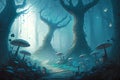 Mystical forest with magic mushrooms. Fairytale landscape. 3d rendering Royalty Free Stock Photo