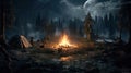 a mystical forest by night with a camp fire in the middle, fire particles flying around, far away a big moon Royalty Free Stock Photo