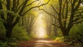 Mystical forest path bathed in golden sunlight filtering through trees Royalty Free Stock Photo