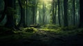 Mystical Forest Path: Dark Fantasy Landscape With Sunlit Elm Royalty Free Stock Photo