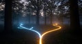 Mystical forest path illuminated by glowing blue and orange light trails at twilight Royalty Free Stock Photo