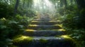 Mystical forest pathway features moss-covered stone steps leading through dense foliage, magical sunbeams. AI generated Royalty Free Stock Photo