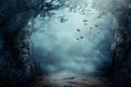 Mystical forest pathway with fog and flying birds, evoking an eerie yet enchanting mood. Concept of book covers, fantasy