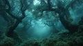Mystical forest pathway shrouded in a deep teal mist Royalty Free Stock Photo