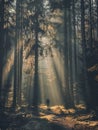 A mystical forest pathway, surrounded by tall trees, is bathed in soft sunbeams that filter through the morning mist. Royalty Free Stock Photo