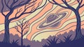 Mystical Forest with Saturn Rings in Sky Vector, vector design Generative AI Royalty Free Stock Photo