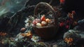 Mystical Forest Scene with Easter Eggs in a Rustic Basket Royalty Free Stock Photo