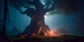 mystical forest scene, featuring an ancient tree with glowing runes carved into its bark, surrounded by mist and