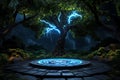 A mystical forest scene with a glowing tree and a circular platform Royalty Free Stock Photo