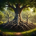A mystical forest scene with intertwined trees and a serene atmo Royalty Free Stock Photo