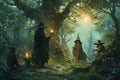 Mystical forest shamans, communing with nature spirits and harnessing their ancient magic - Generative AI