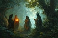 Mystical forest shamans, communing with nature spirits and harnessing their ancient magic - Generative AI