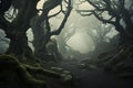 Mystical forest shrouded in mist, believed to be the home of mythical creatures and spirits. Generative AI Royalty Free Stock Photo