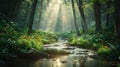 Mystical forest with a sparkling stream and bright flowers