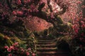 Mystical forest stairway with cherry blossoms