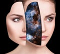 Mystical galaxy inside woman`s head.