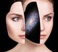 Mystical galaxy inside woman`s head.