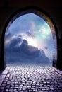 Mystical gate with universe, stars and angelic divine sky Royalty Free Stock Photo