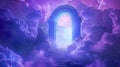 Mystical gateway amidst clouds with stairs leading to bright light. Ethereal archway in a surreal cloud landscape Royalty Free Stock Photo